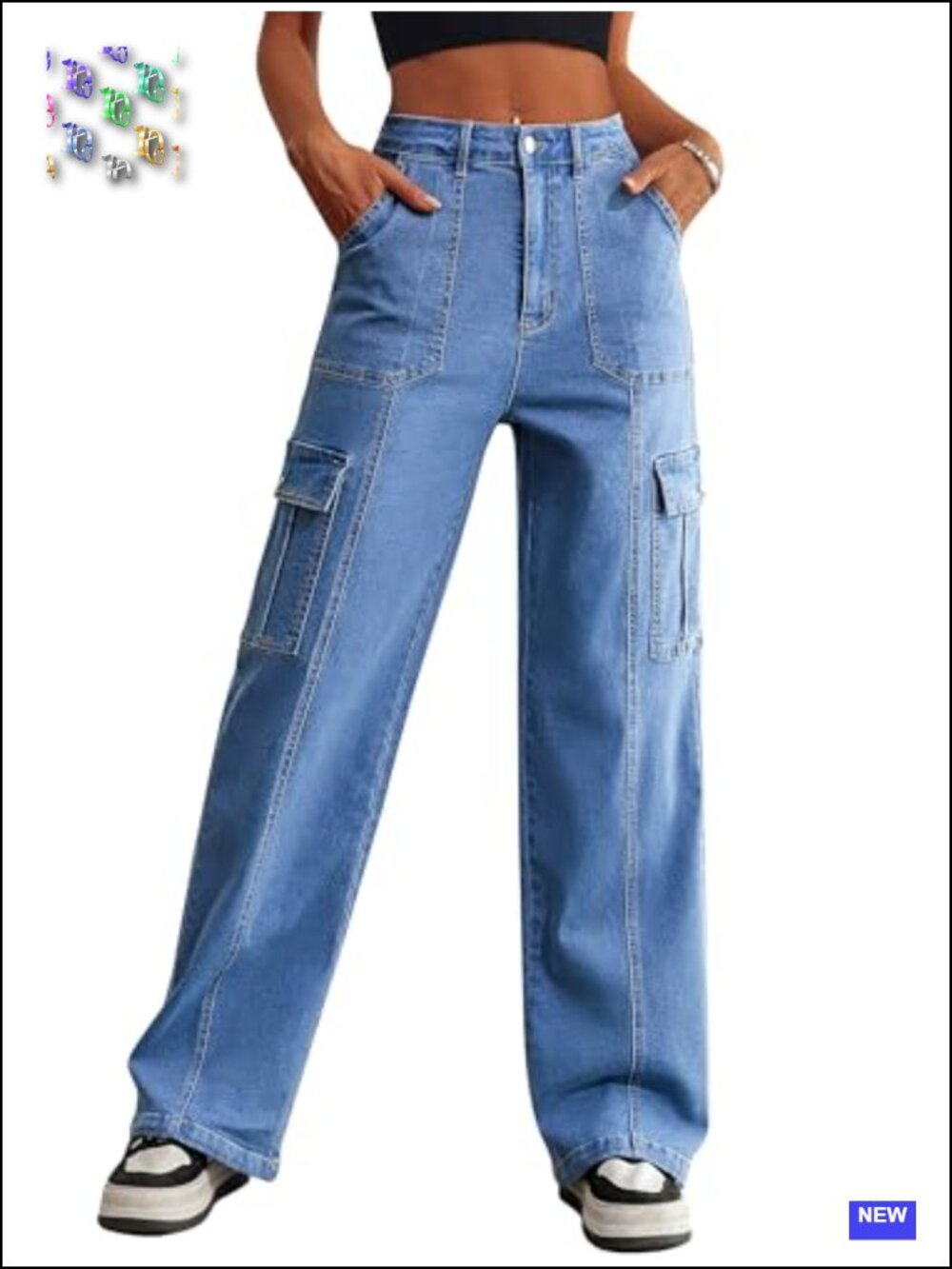 Wide Leg Baggy High Waisted Stretch Cargo Jeans with Drawstring Ankle Cuffs